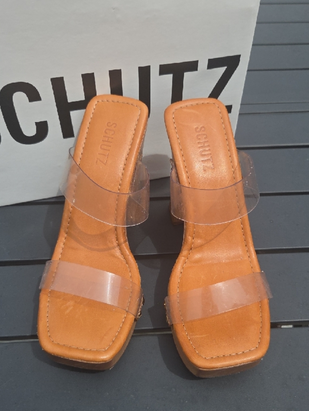 SCHUTZ Tan Leather Block Heel Sandals with Clear Straps